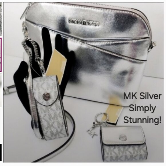 Michael Kors SILVER Bag, Earbuds Keyring, Lipstick Lanyard Necklace BUNDLE NWT! - Picture 13 of 15